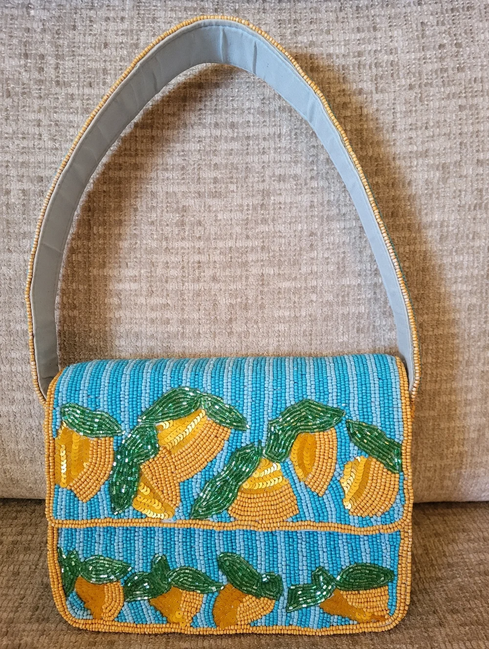 Handcrafted Beaded Blue & Gold Striped Lemon Motif Shoulder Bag. - Picture 5 of 16
